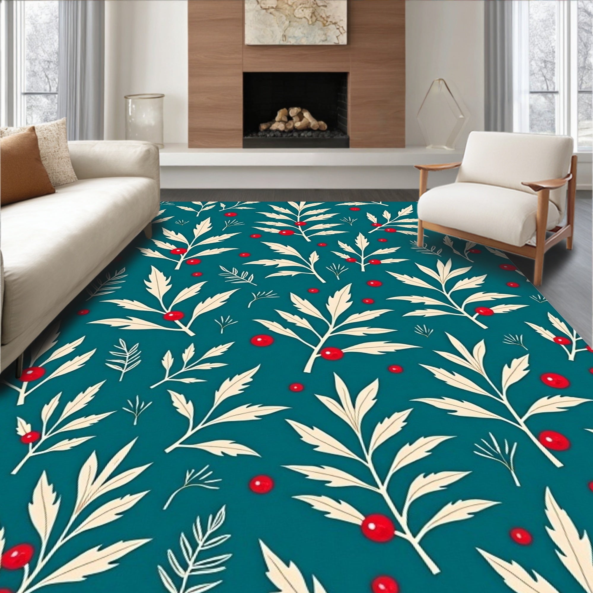 Teal Berry Leaf Branch Scatter Rug