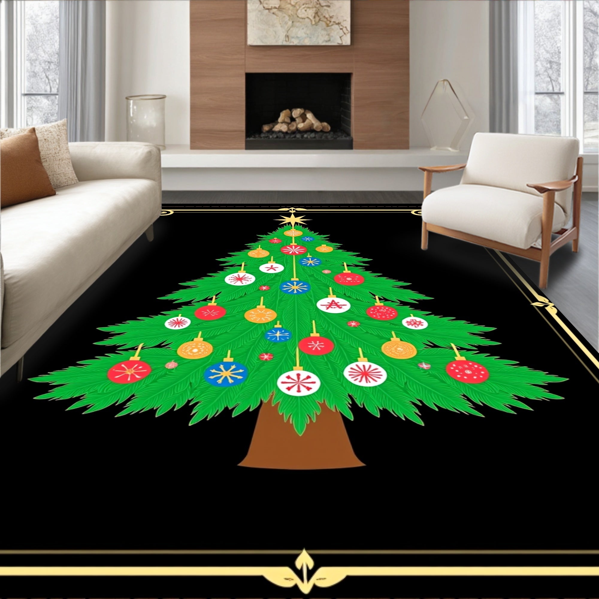 Festive Green Christmas Tree Ornaments Rug