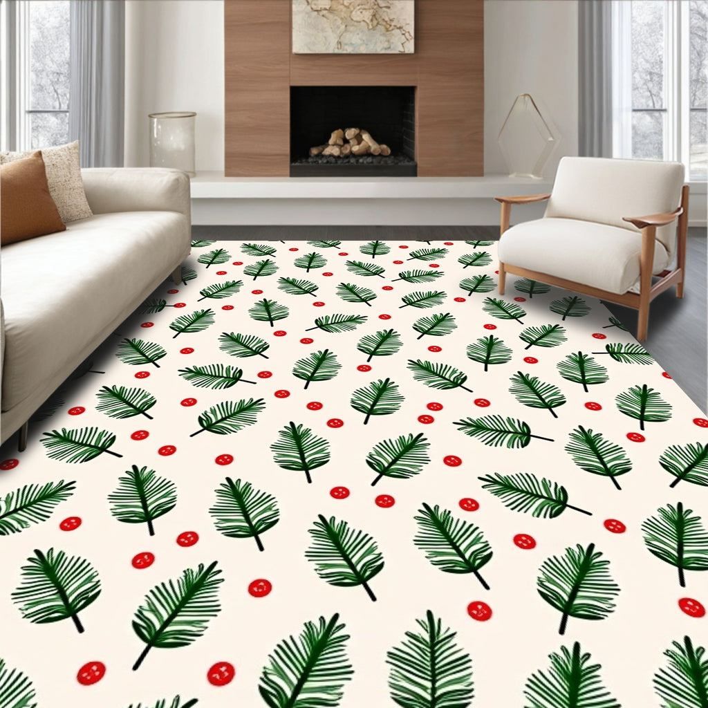 Green Pine Sprig Red Berry Background Rug