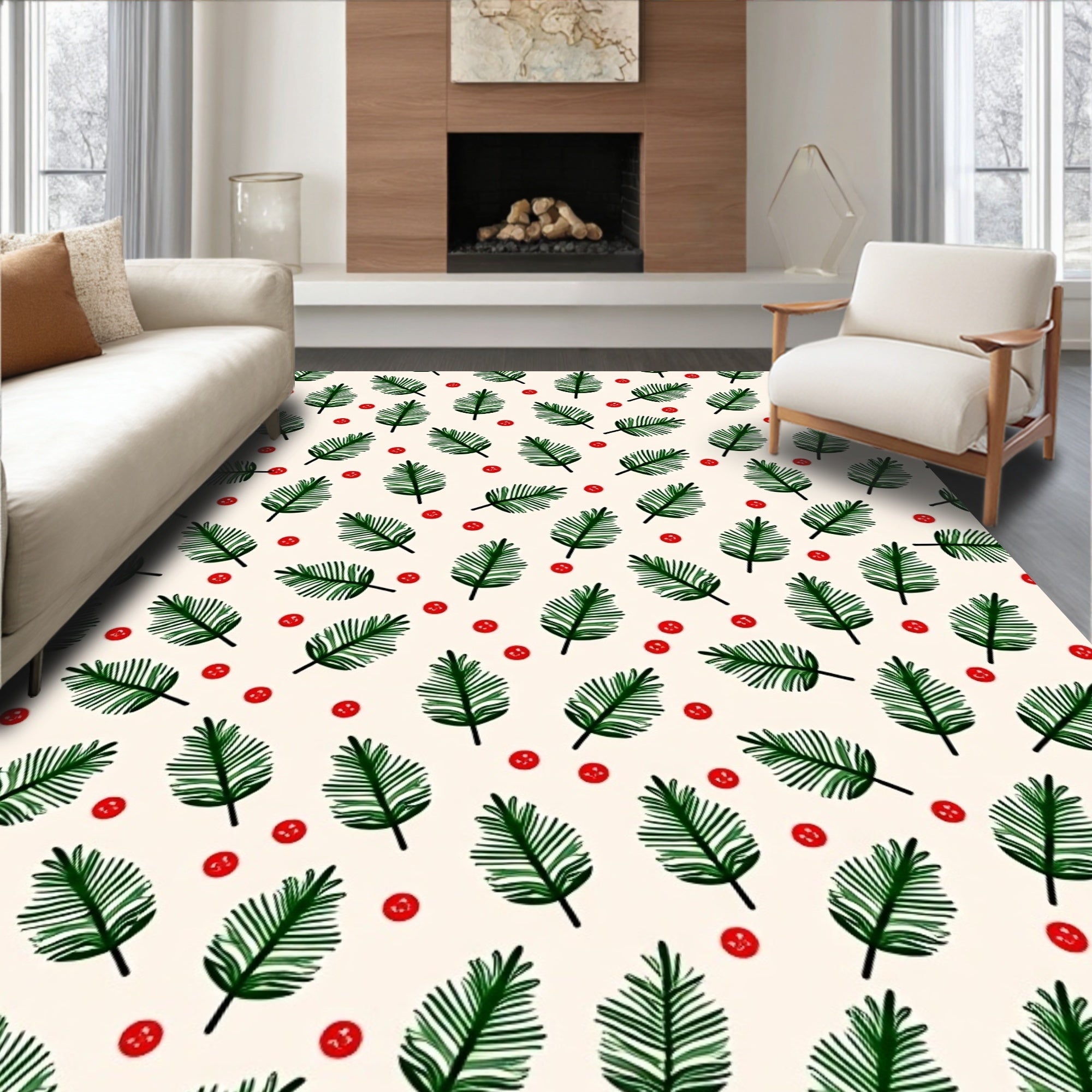 Green Pine Sprig Red Berry Background Rug