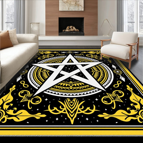 Black Yellow White Pentagram Mandala Rug