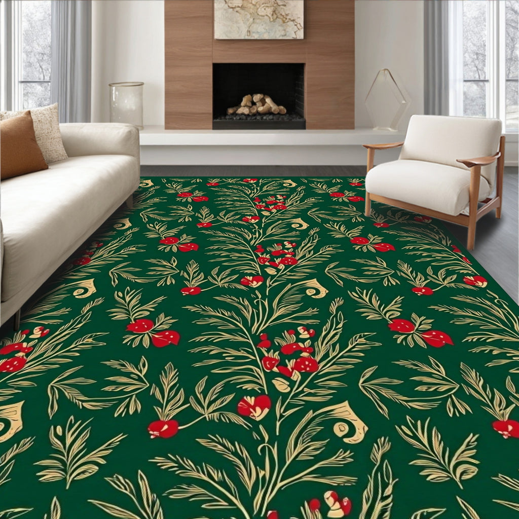 Deep Emerald Red Berry Floral Branches Rug
