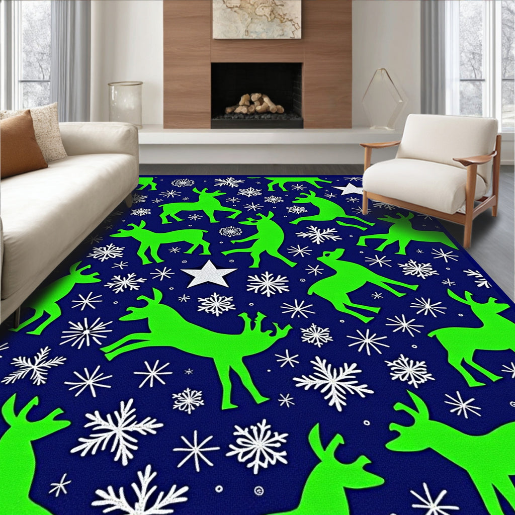 Vibrant Neon Green Reindeer Snowflakes Rug