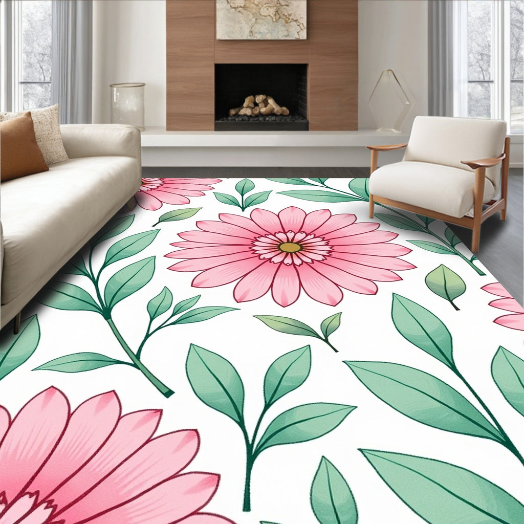 Pink Daisy Botanical Whimsical Arrangement Rug