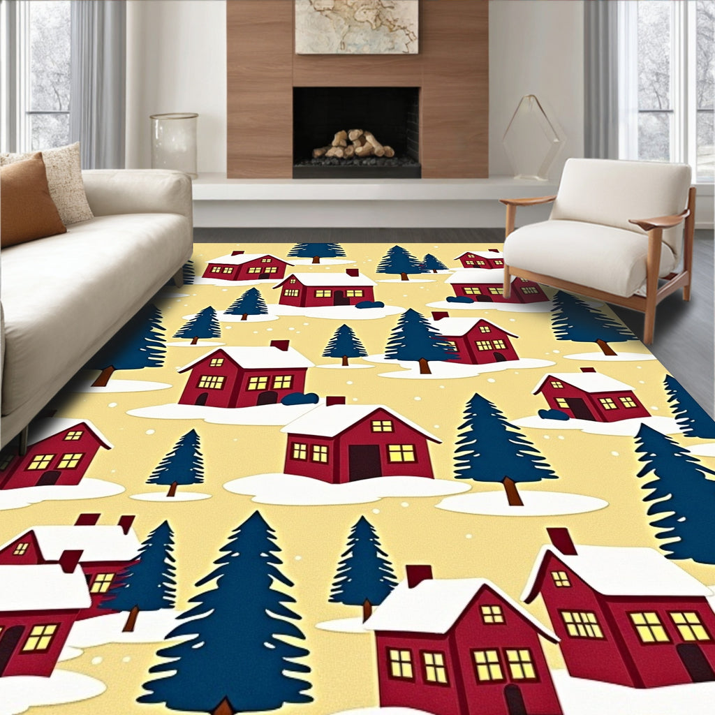 Cozy Red Houses Snowfall Forest Backdrop Rug