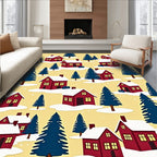 Cozy Red Houses Snowfall Forest Backdrop Rug