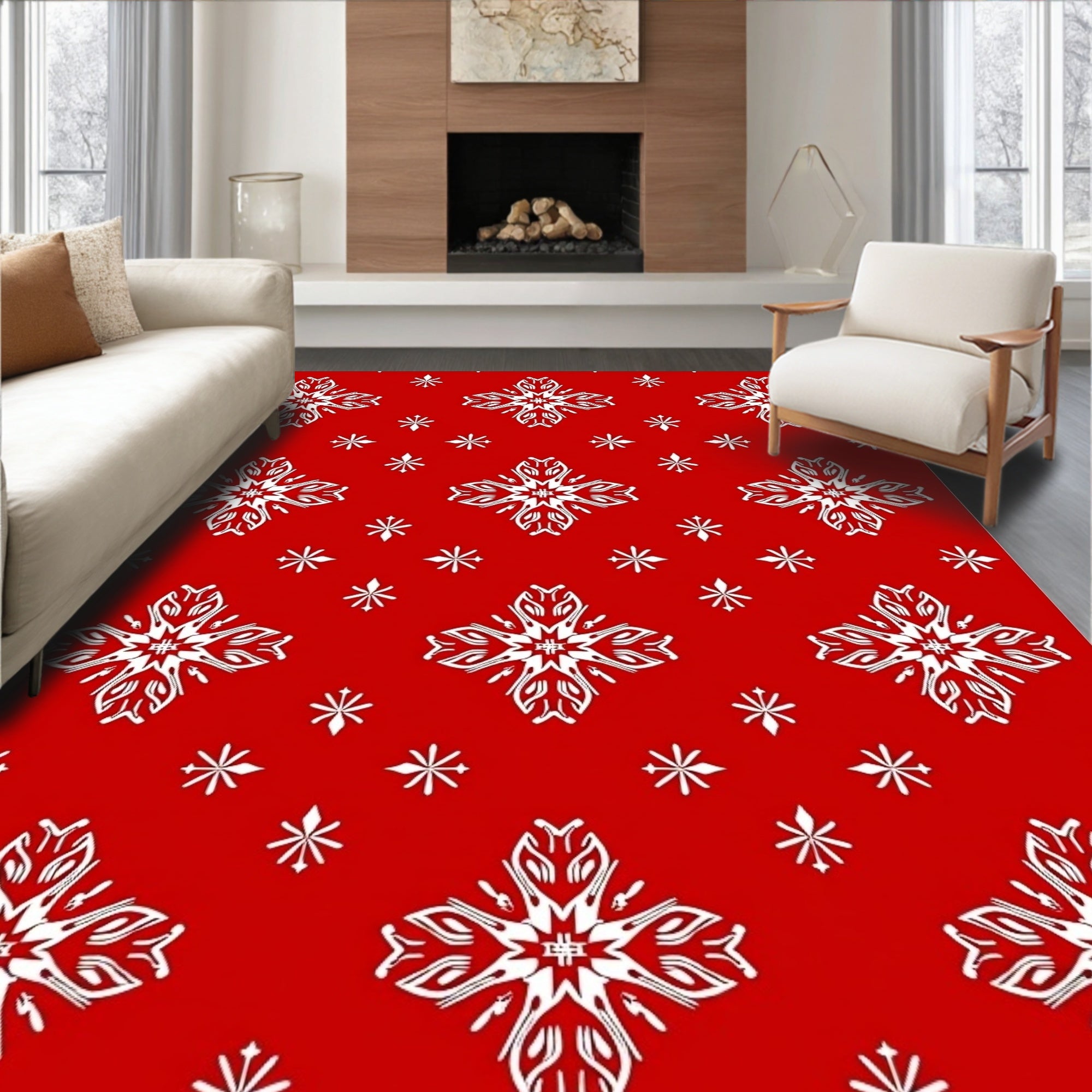 Red White Snowflake Tile Rug