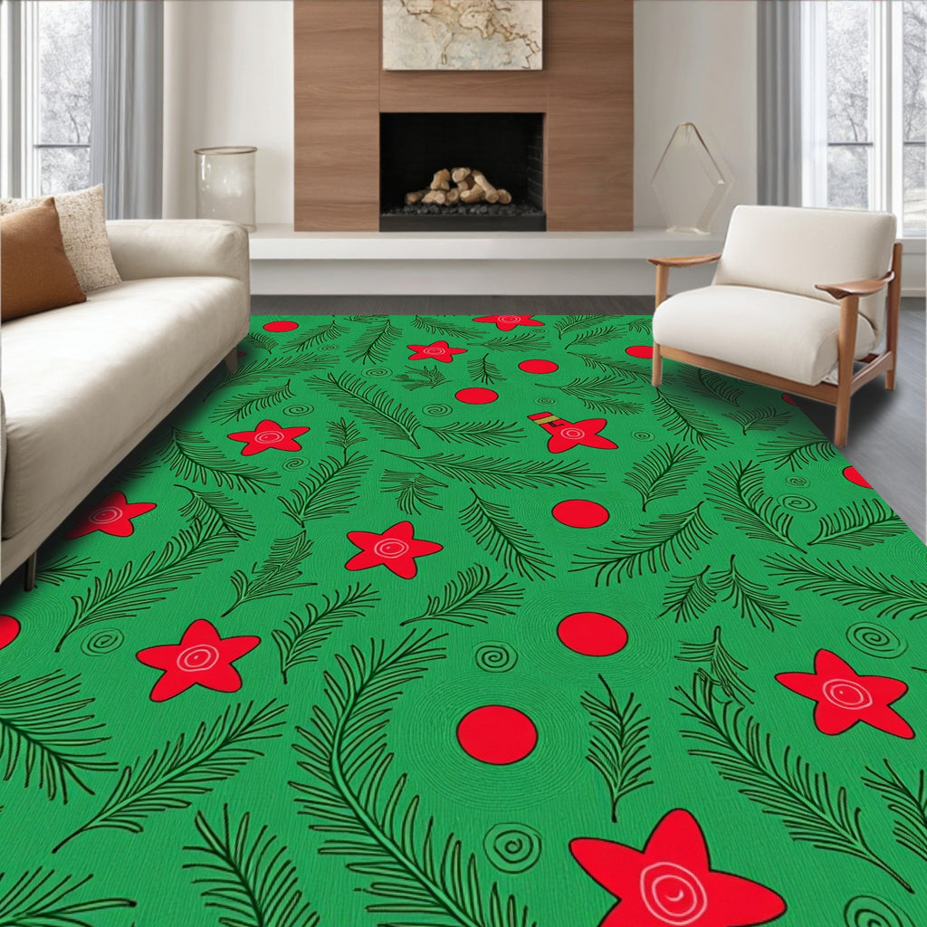 Red Star Christmas Pine Whimsical Rug
