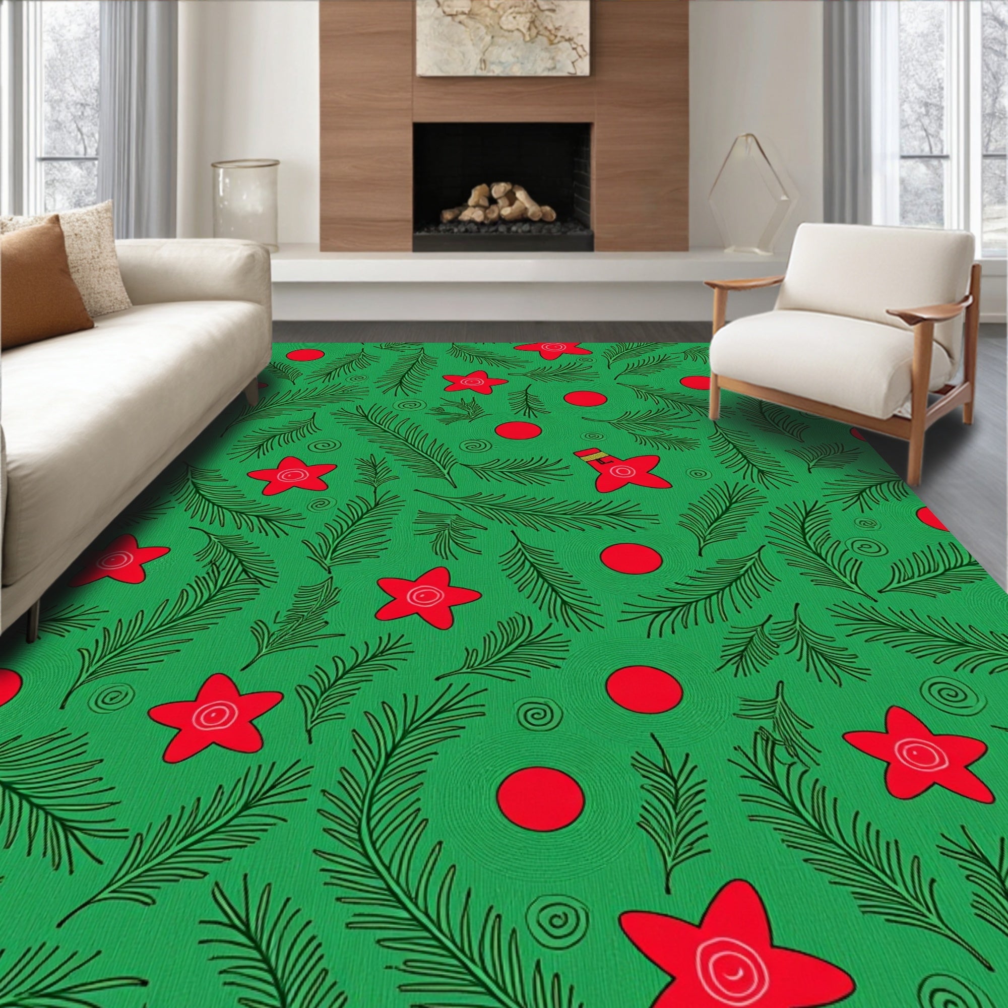 Red Star Christmas Pine Whimsical Rug