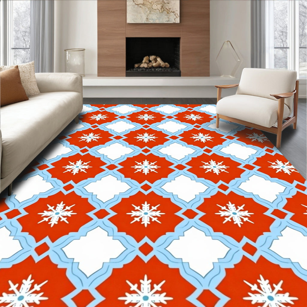 Red Blue White Snowflake Lattice Rug