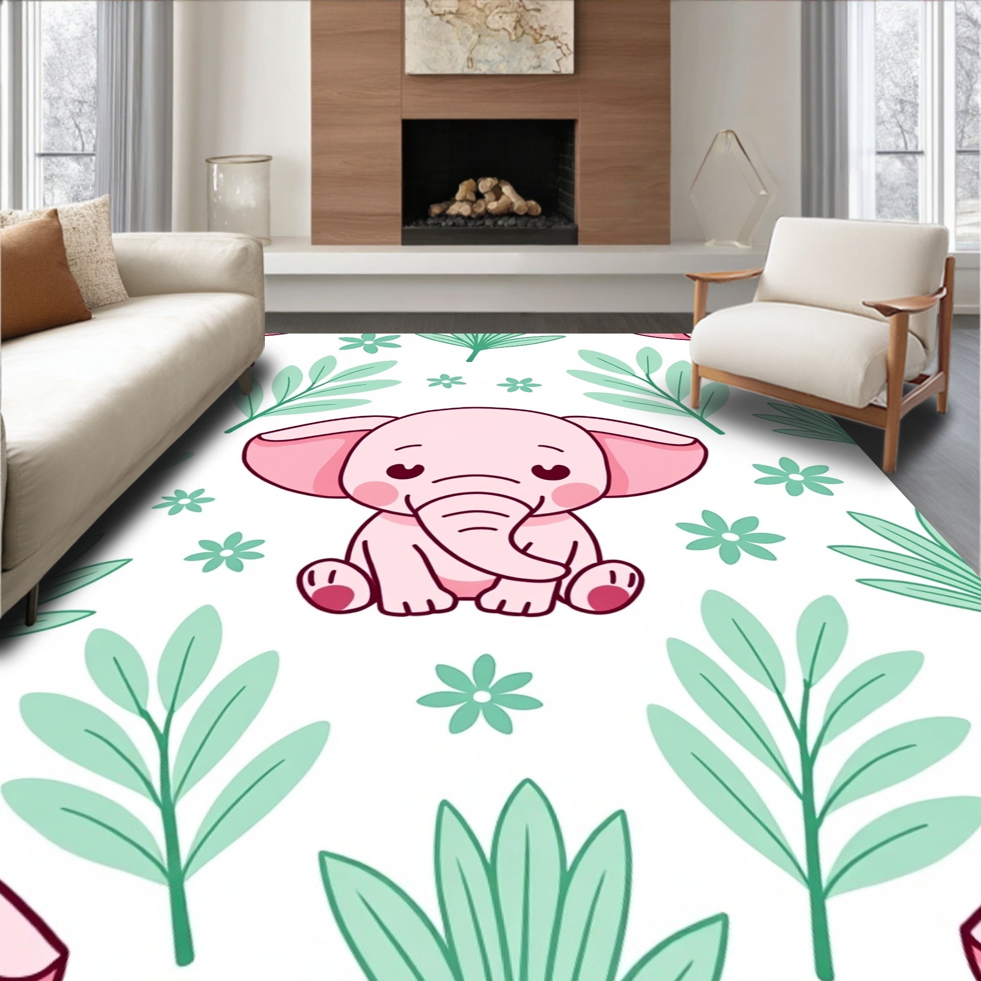 Sweet Pink Baby Elephant Jungle Foliage Rug
