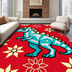Bright Red Teal Dinosaur Floral Rug