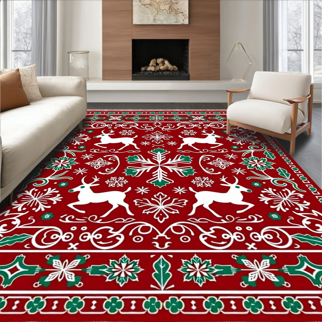 Red Festive Reindeer Snowflakes Border Rug