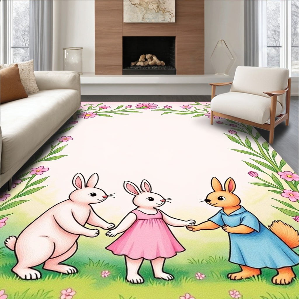 Pink Floral Garden Bunnies Rug