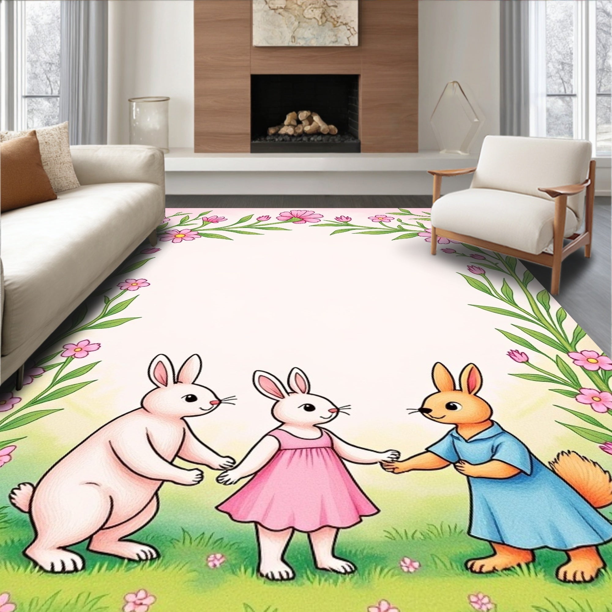 Pink Floral Garden Bunnies Rug