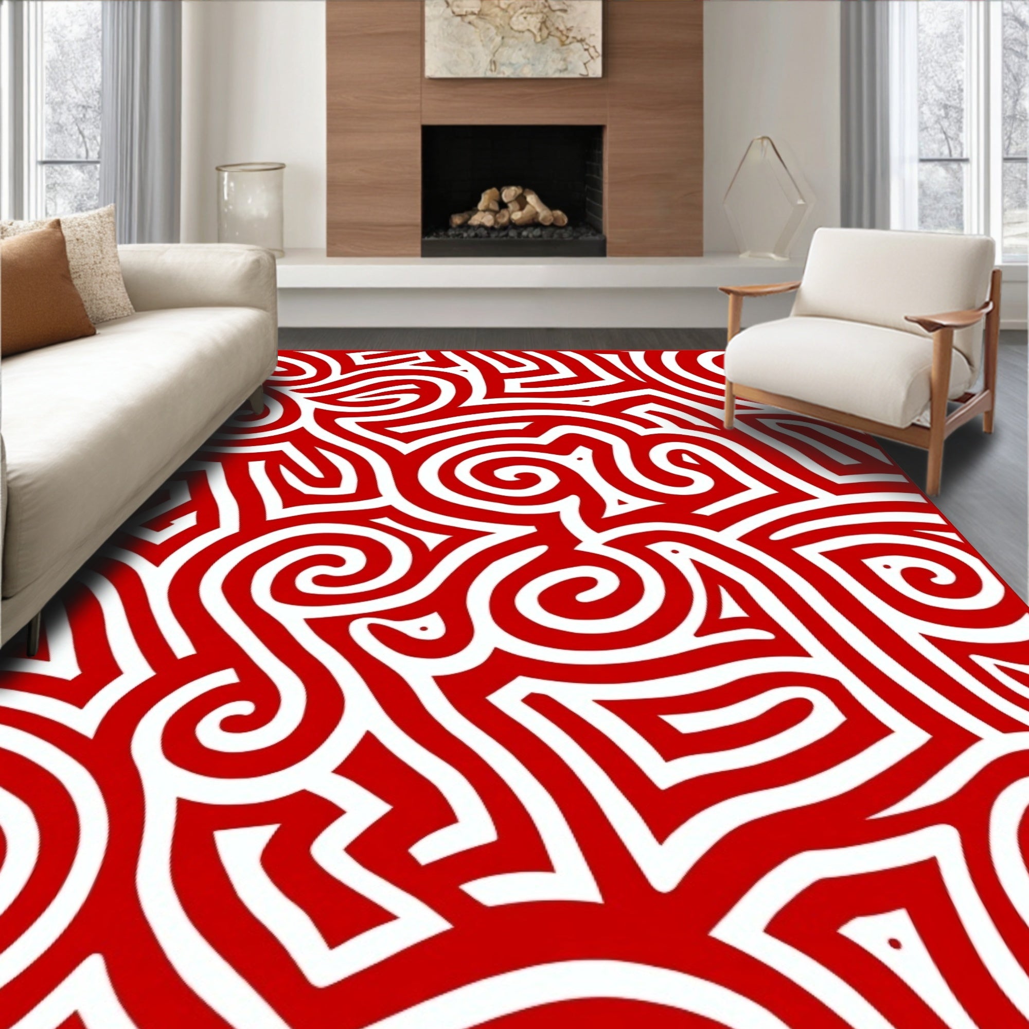 Red White Dynamic Abstract Swirls Rug