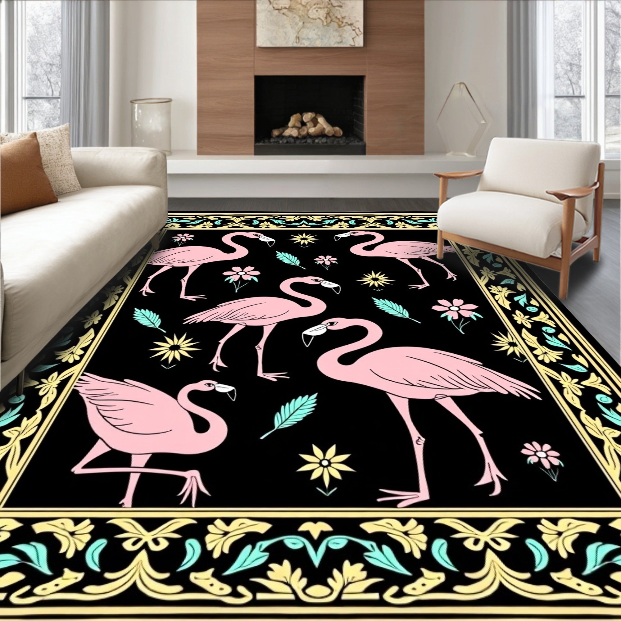 Pink Flamingos With Floral Border Rug