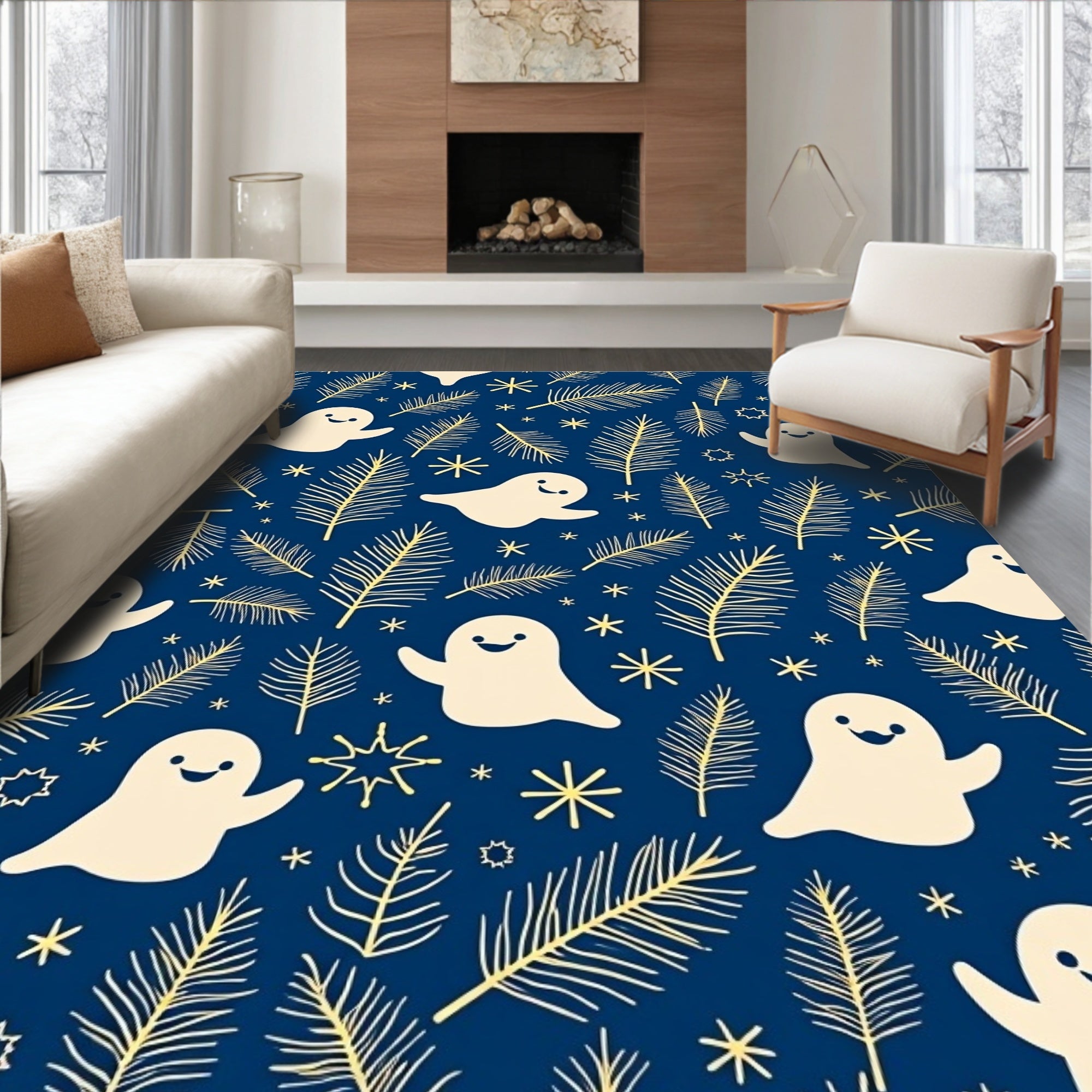 Whimsical Cream Ghost Pine Branch Rug