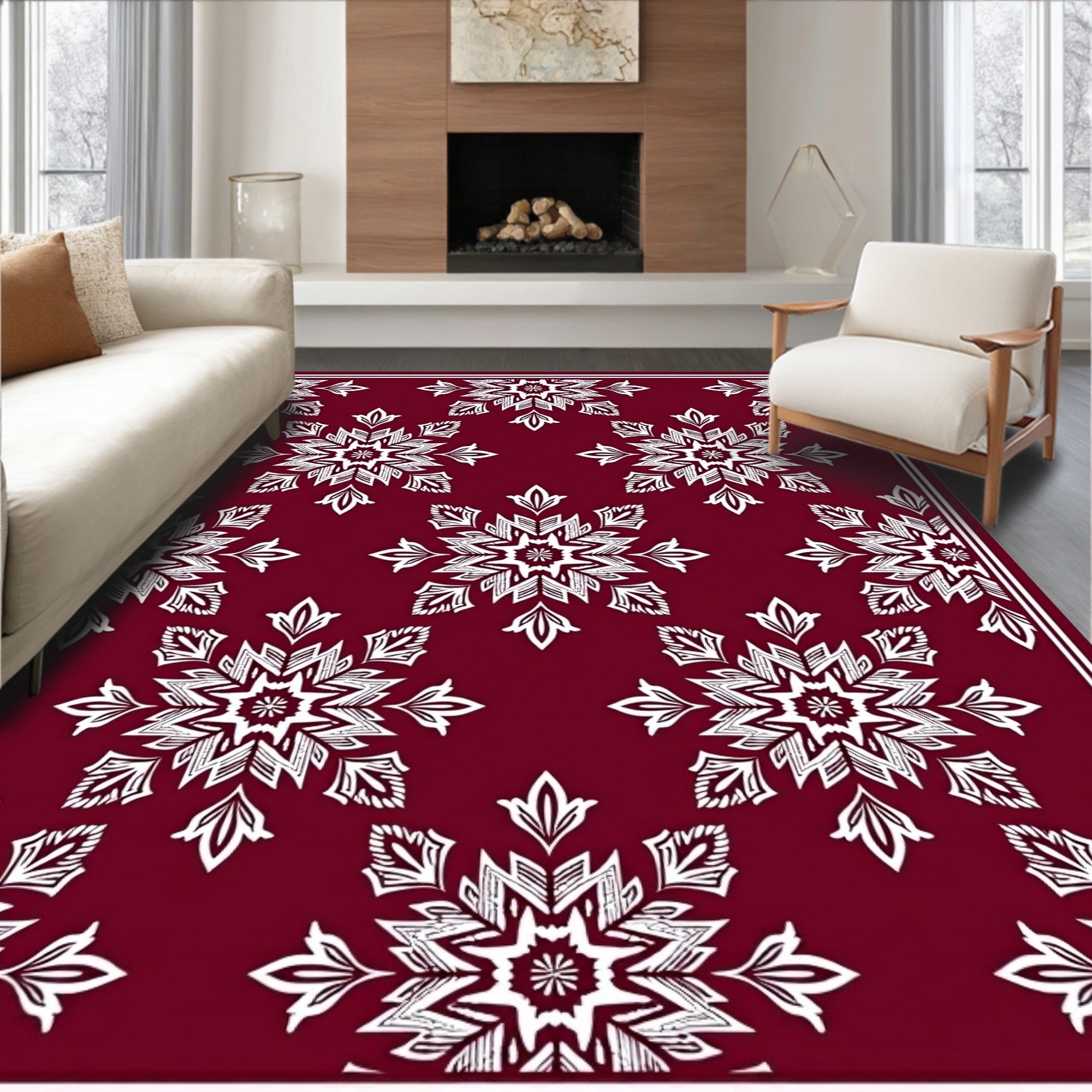 Deep Red White Snowflake Mandala Rug