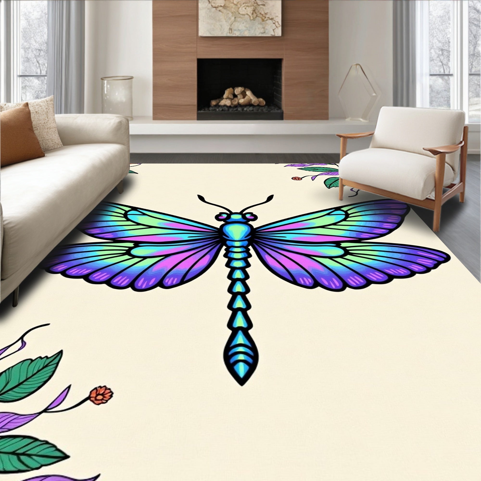 Vibrant Purple Blue Green Dragonfly Art Rug