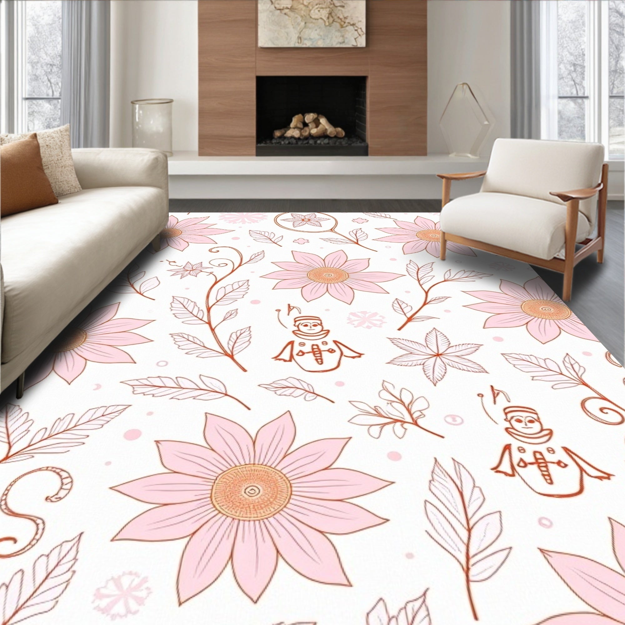 Pastel Pink Floral Whimsical Figures Rug