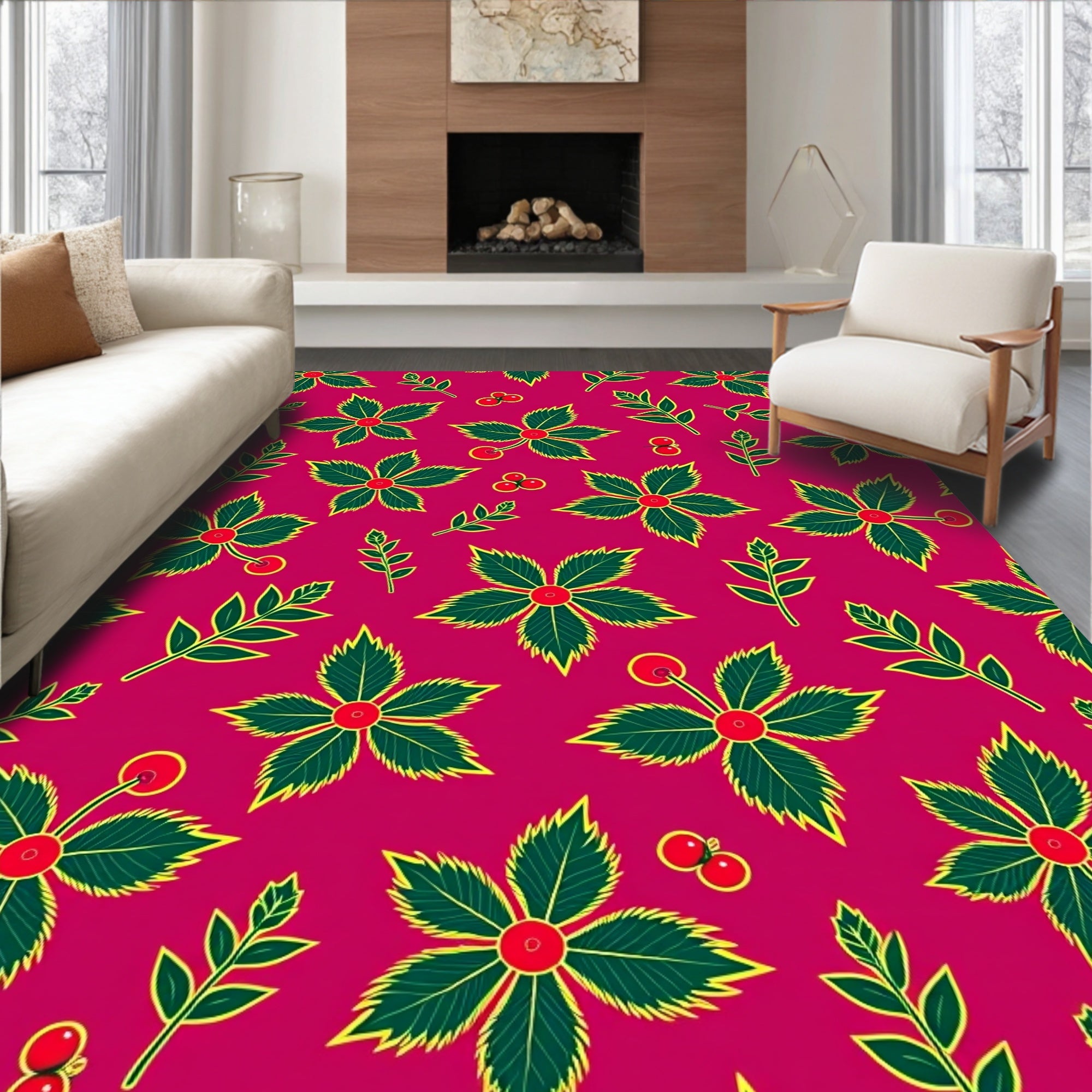Crimson Holly Berry Leaf Cluster Rug