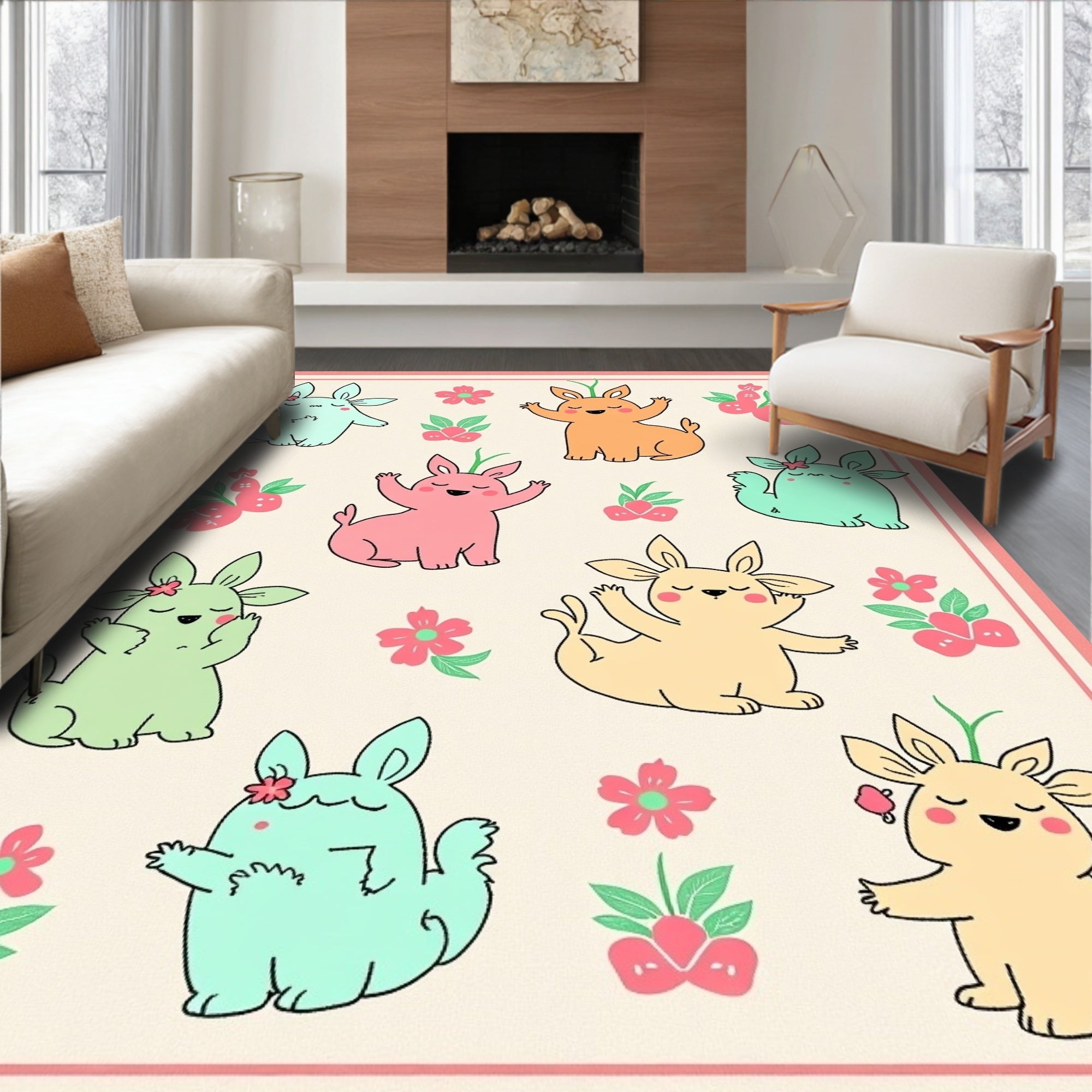 Whimsical Pastel Bunny Floral Scene Rug