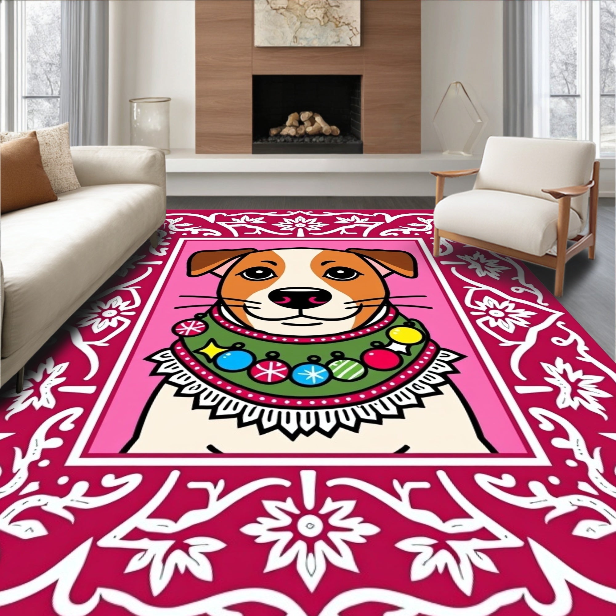 Whimsical Dog Festive Ornaments Border Rug