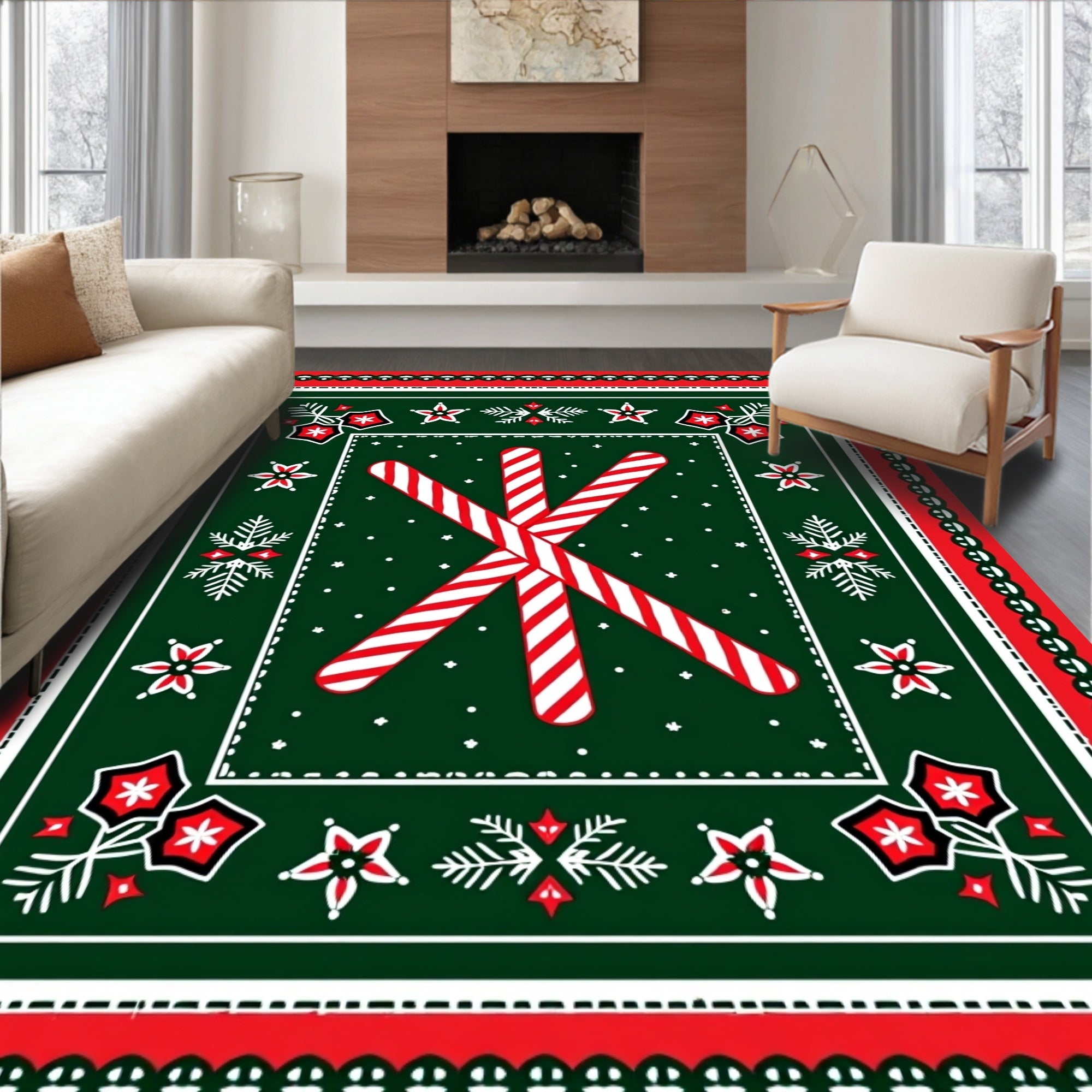 Crimson White Candy Cane Foliate Border Rug