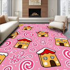 Whimsical Pink Gingerbread Houses Rug