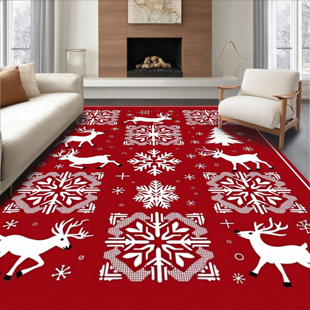 Red White Festive Reindeer Snowflake Rug