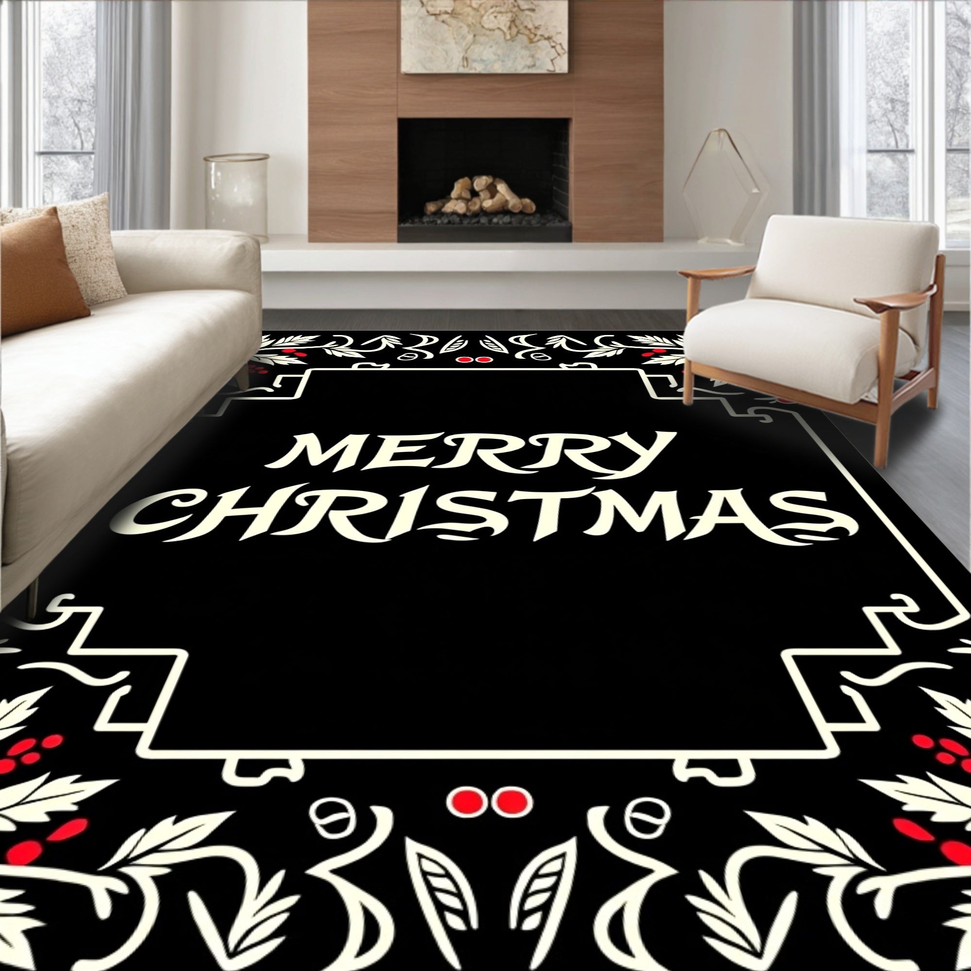 Black Holly Berry Vintage Border Rug