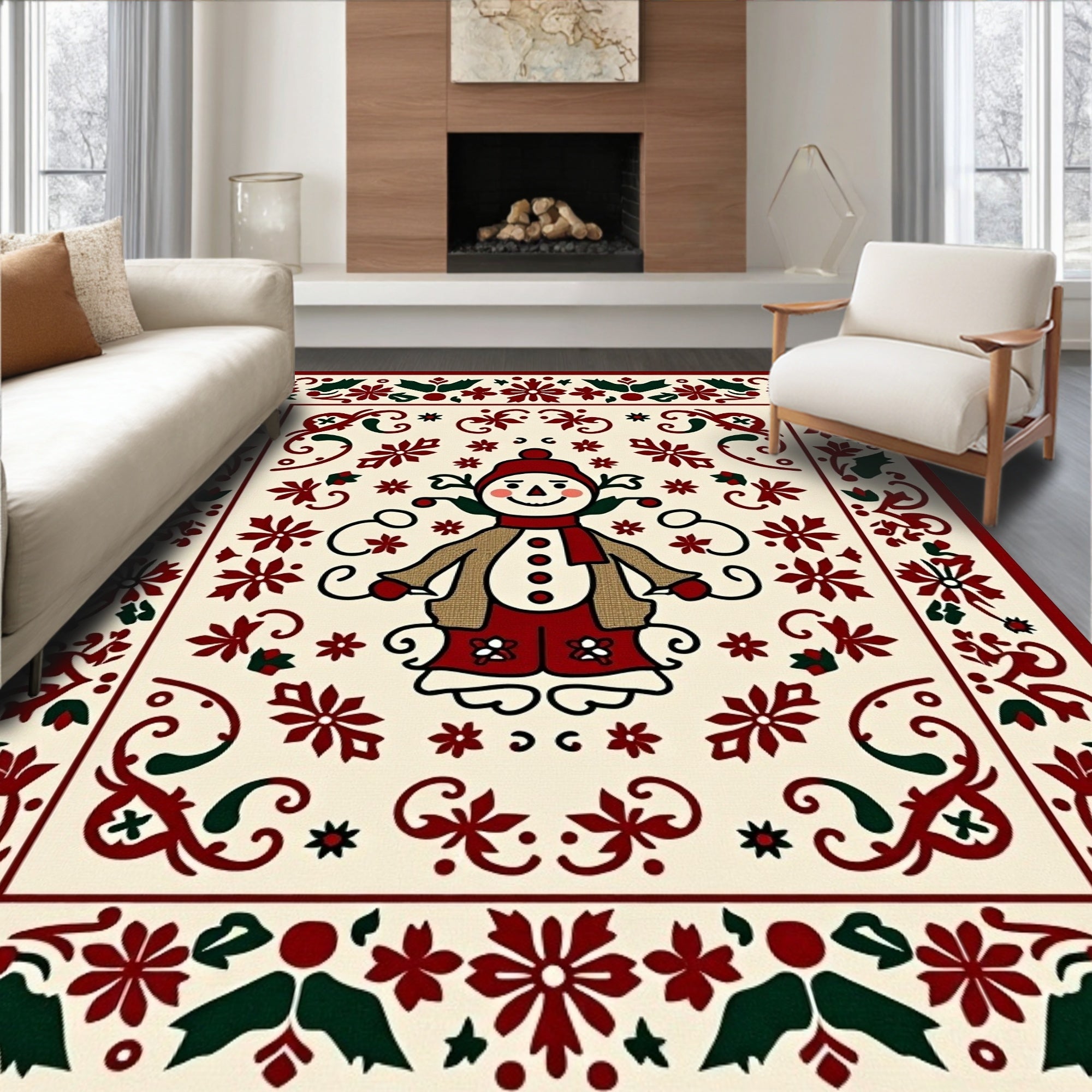 Cheery Snowman Red Festive Border Rug