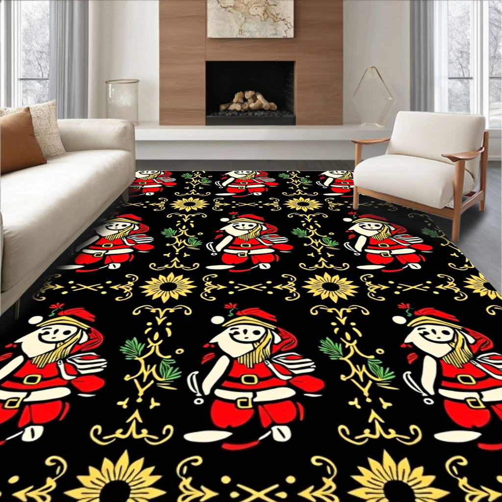 Vintage Black Red Whimsical Santa Elements Rug
