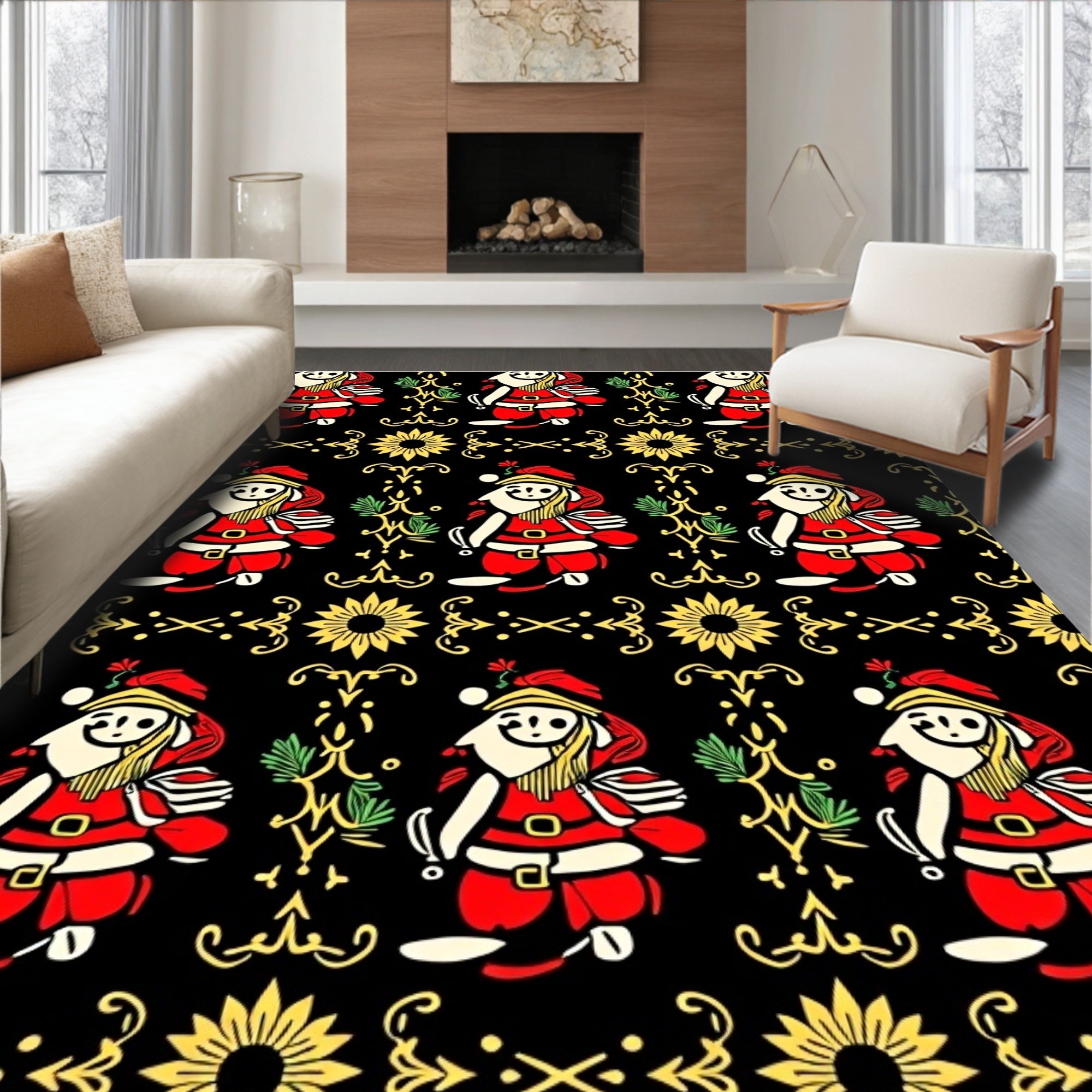 Vintage Black Red Whimsical Santa Elements Rug