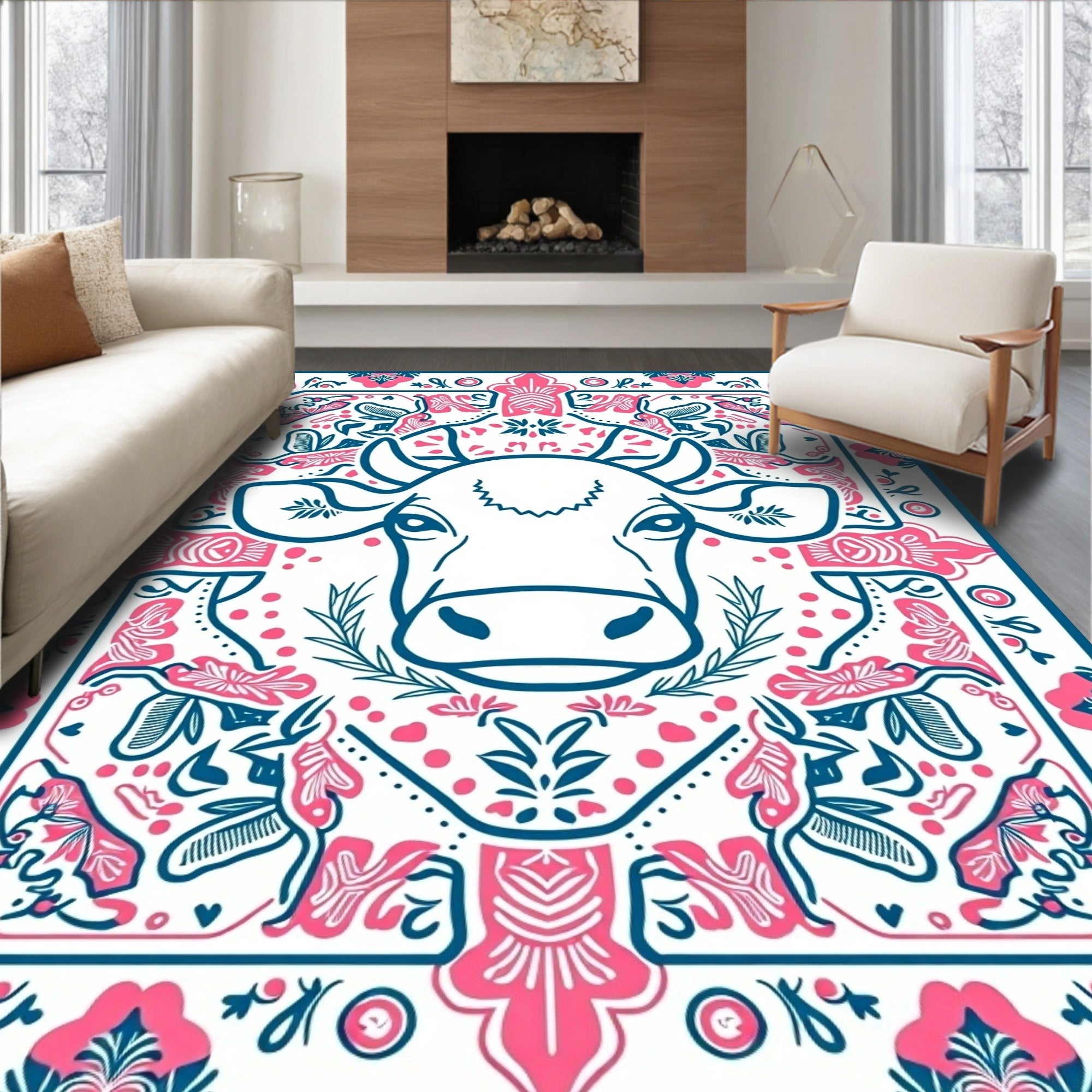 Pink Teal Cow Floral Medallion Rug