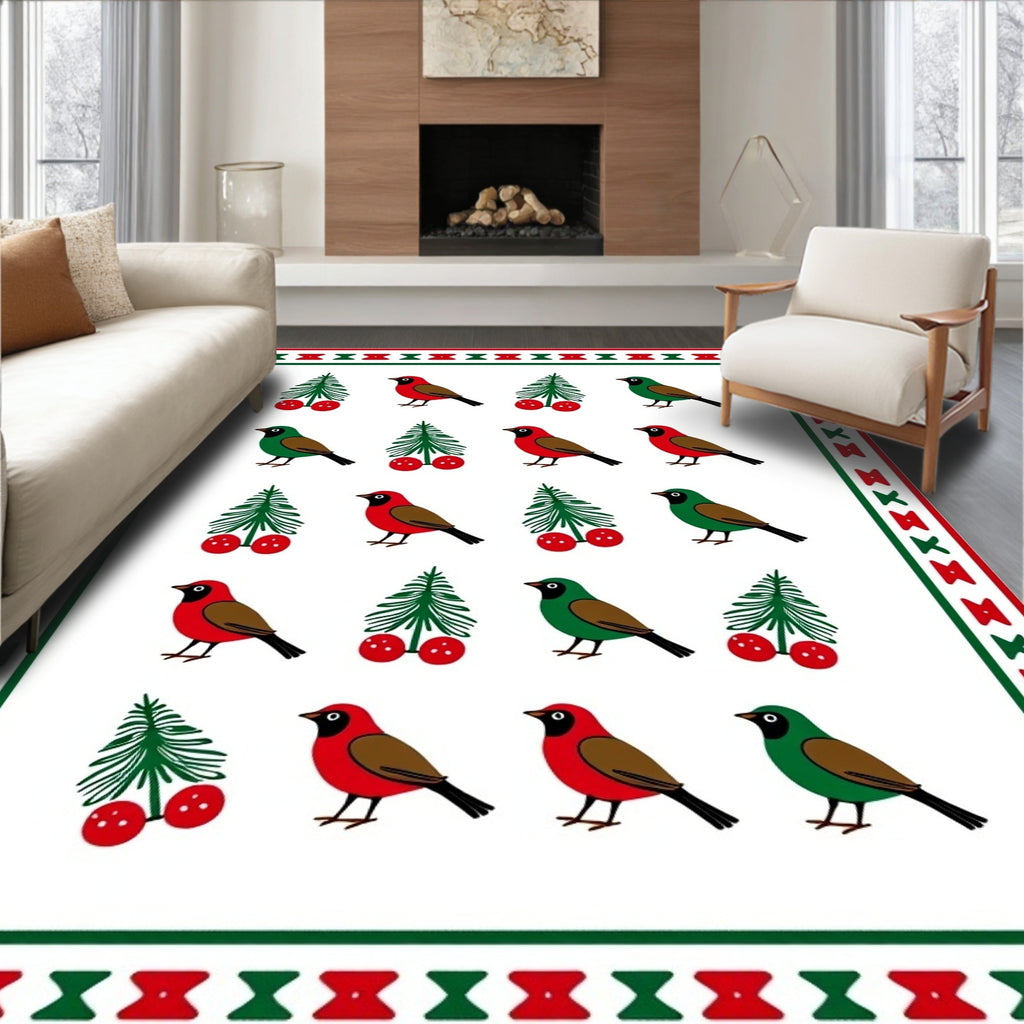 Red Green Birds And Berries Repeat Rug