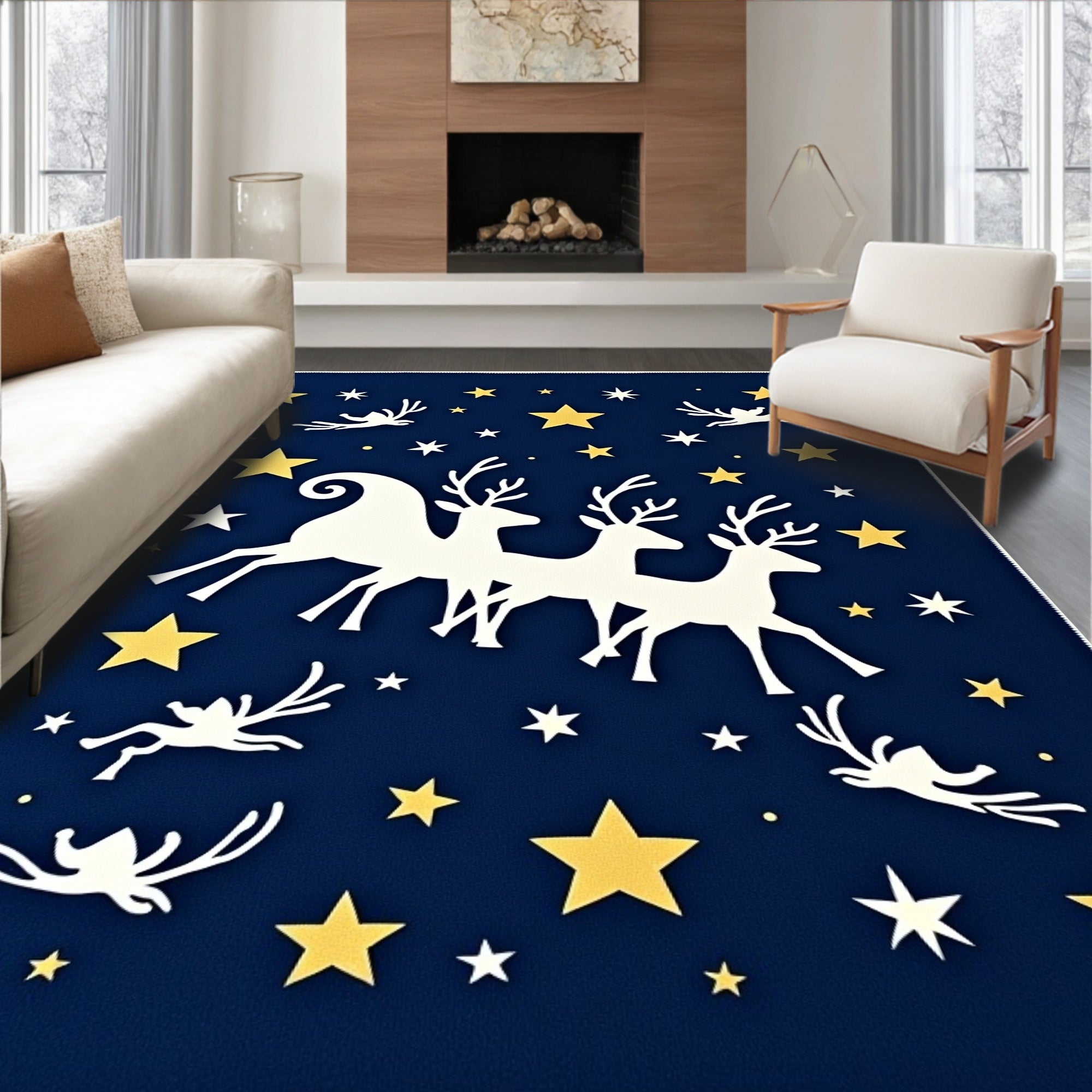 Deep Blue Night Deer Stars Rug