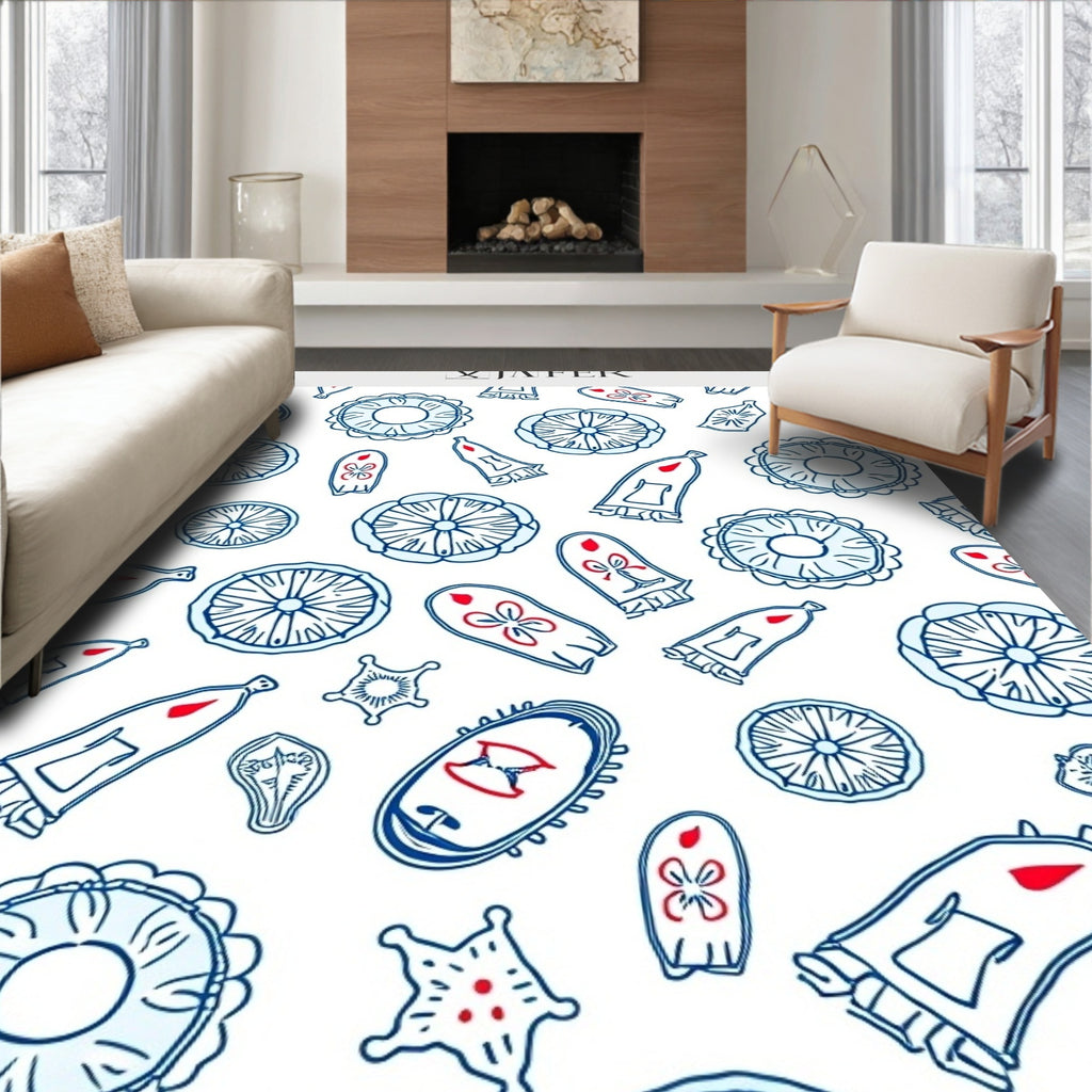 Navy Blue White Scattered Floral Shapes Rug