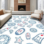 Navy Blue White Scattered Floral Shapes Rug