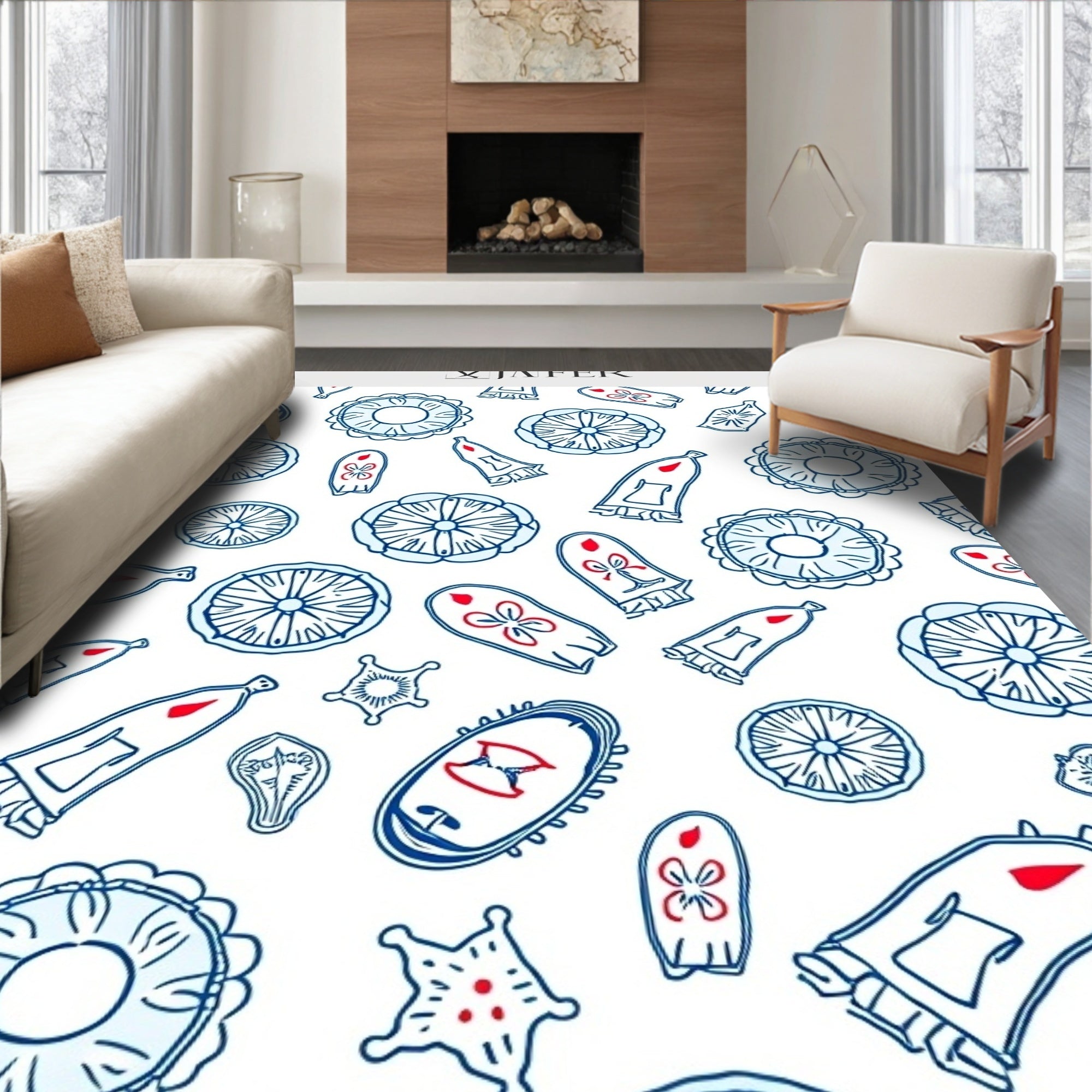 Navy Blue White Scattered Floral Shapes Rug