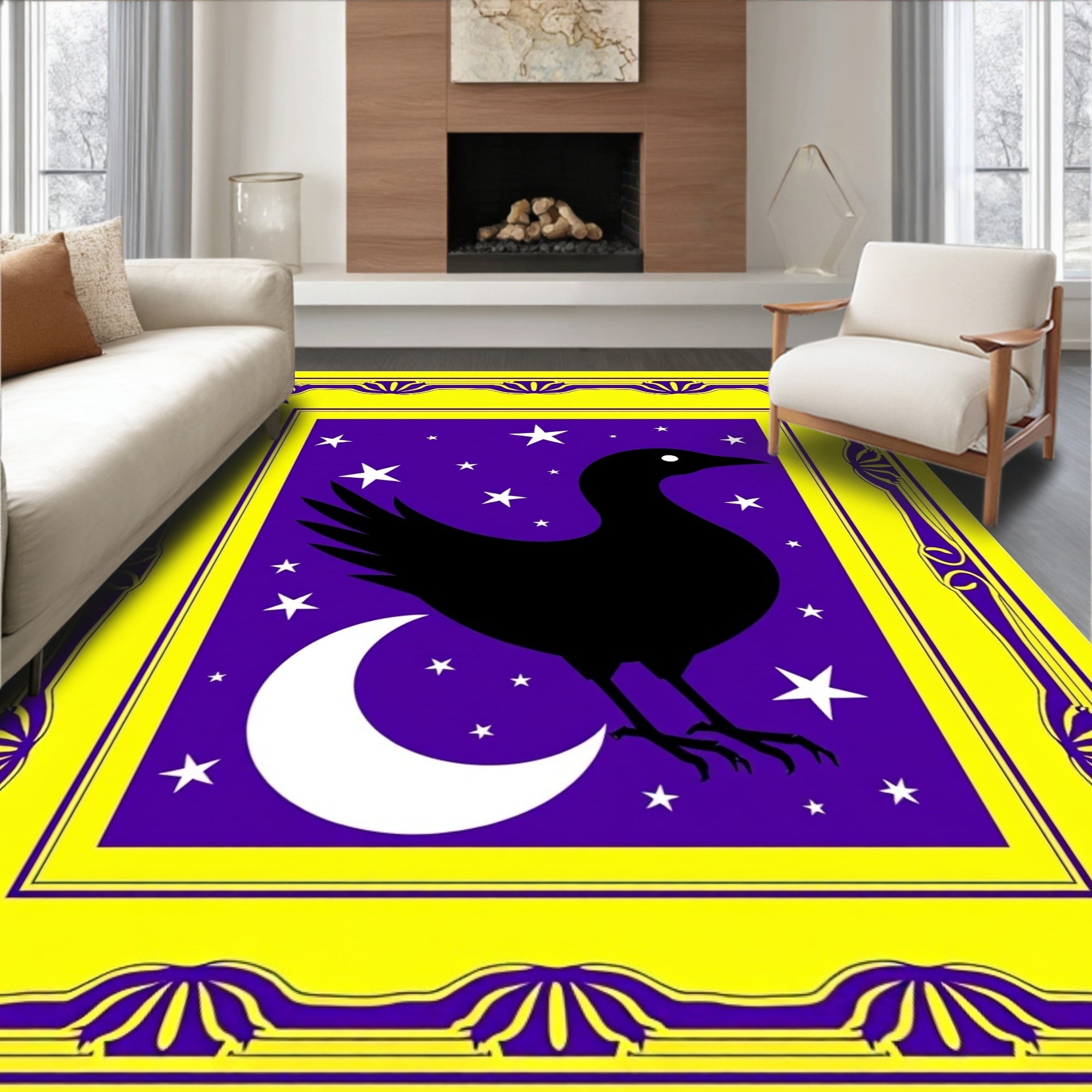 Black Crow Moon Stars Frame Rug