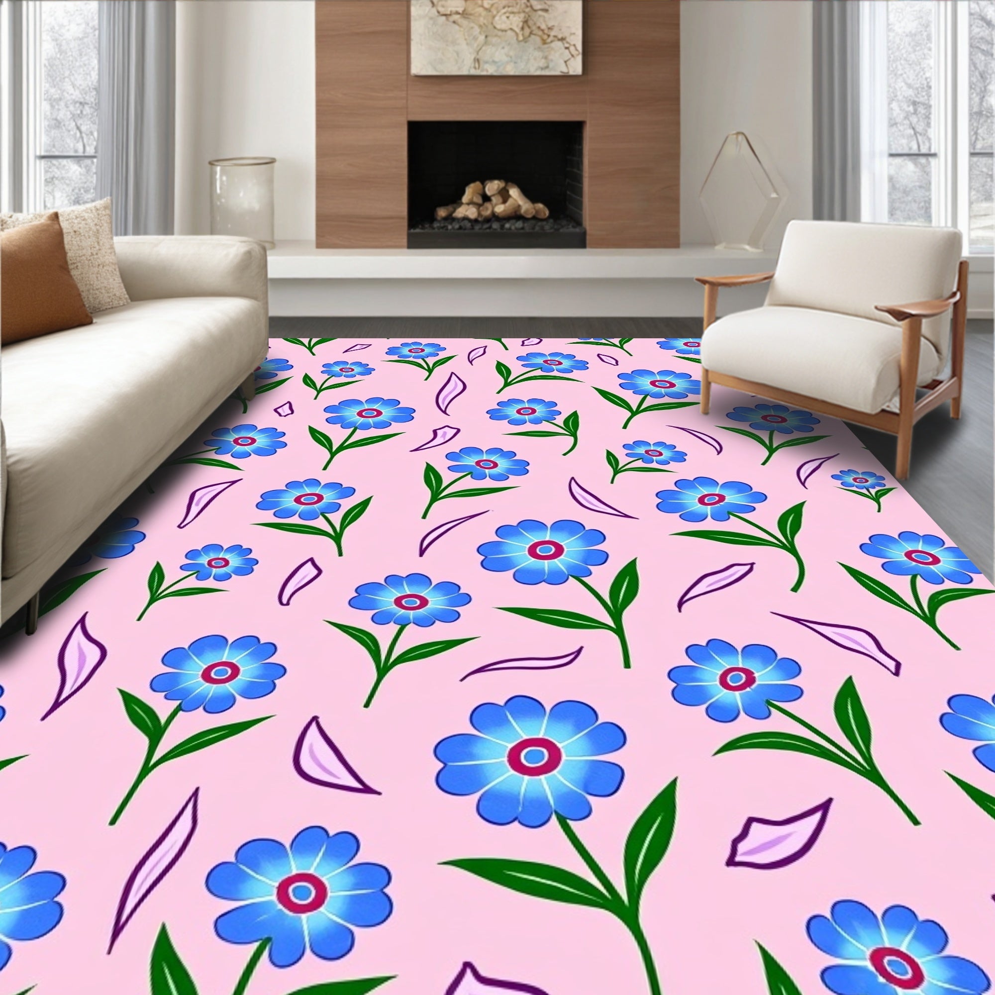 Pink Blue Floral Garden Scatter Rug