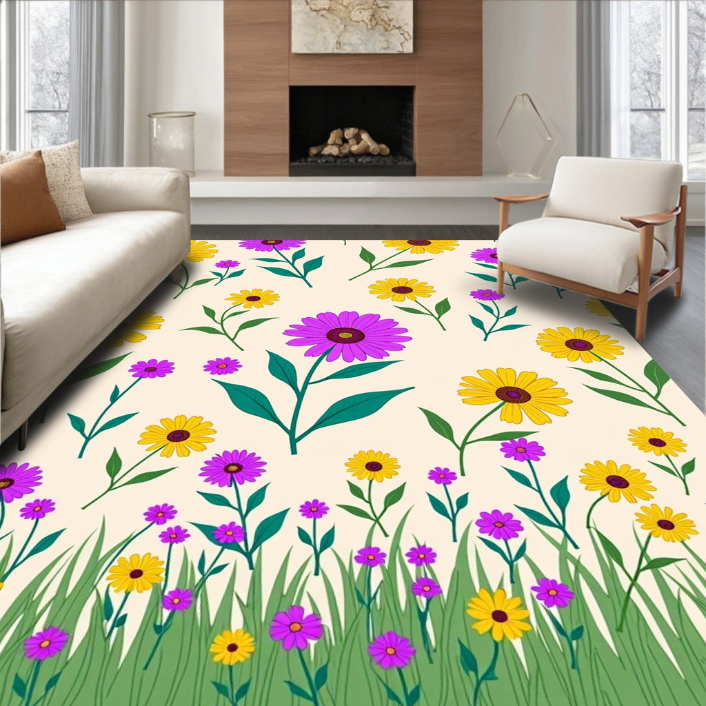 Yellow Purple Flower Garden Grass Rug