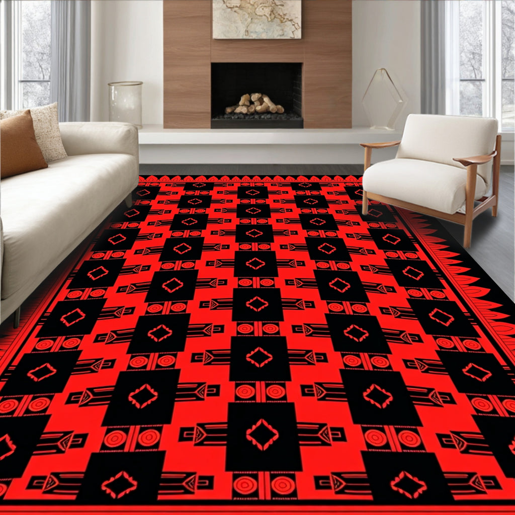 Bold Red Geometric Diamond Lattice Rug