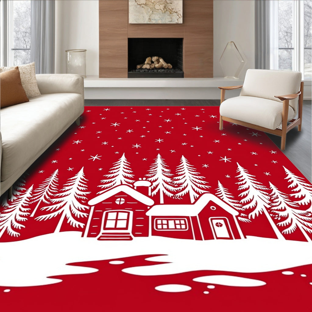 Red Snowy Village Forest Scene Rug
