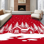 Red Snowy Village Forest Scene Rug