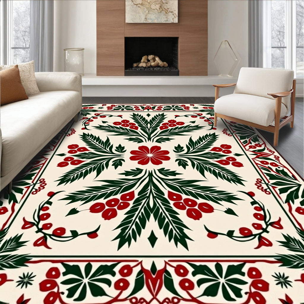 Classic Red Green Floral Berry Medallion Rug