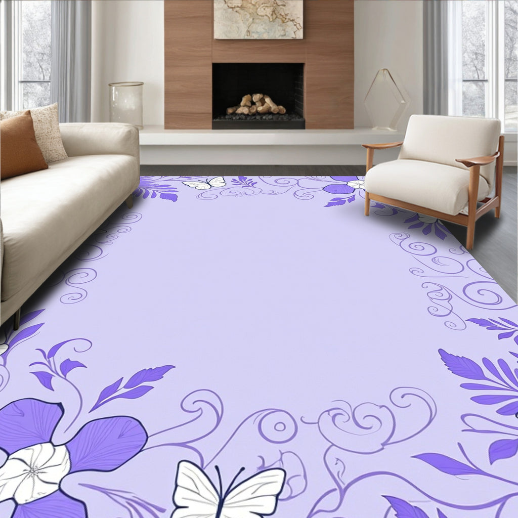 Purple Floral Butterfly Frame Rug