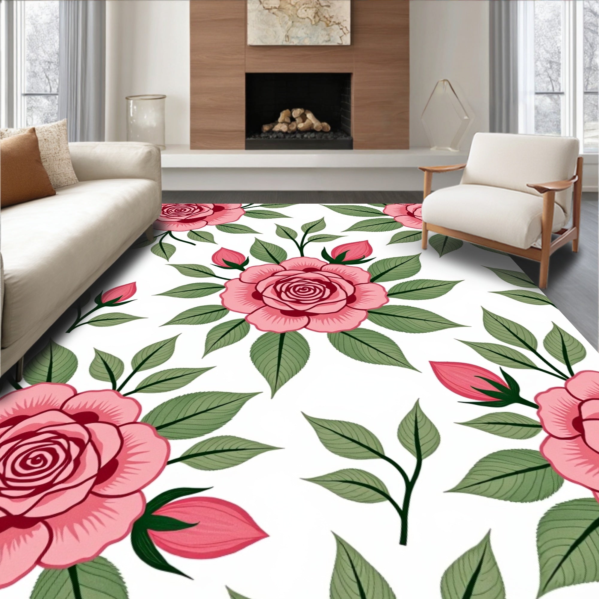 Pink Rose Garden Botanical Arrangement Rug